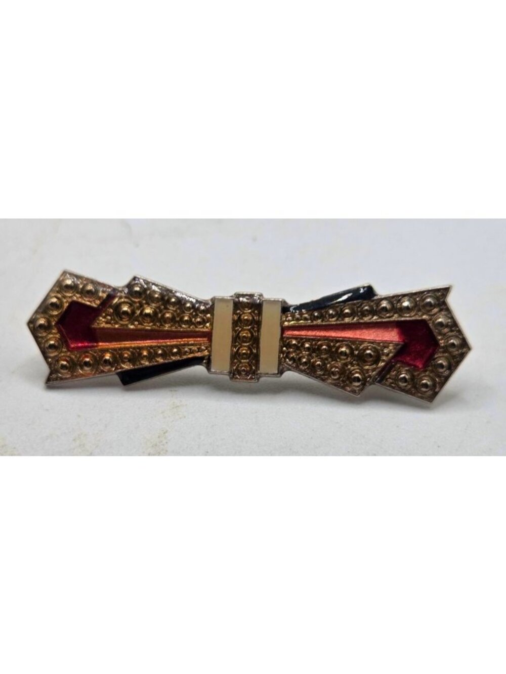 Vintage Gold-Tone Bow Brooch With Red & Black Enamel Accents Retro Geometric Des